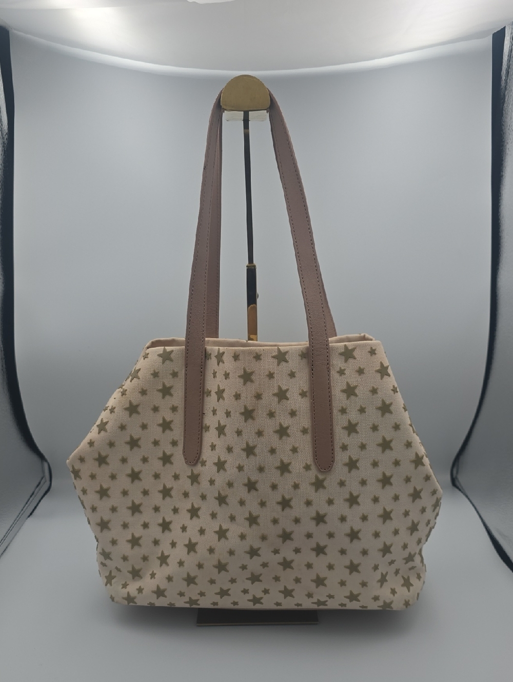 Jimmy Choo Cream Canvas Star Medium Tote W/ Pink Beige Handles (GOOD/FAIR)(COA)✨